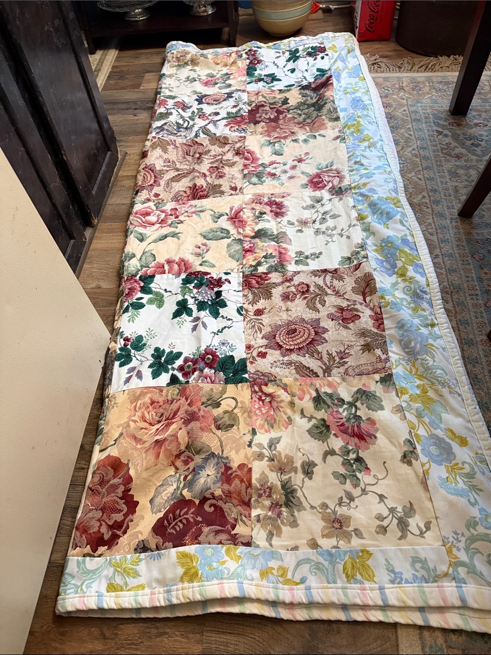 Artisan Floral Patchwork Quilt in Cream, Red, Green, Blue striped other side
